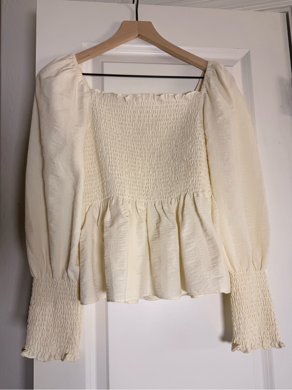 Square-Neck Smocked Peplum Blouse - Cream